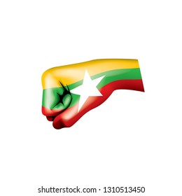 Myanmar flag and hand on white background. Vector illustration