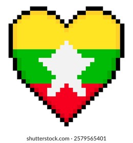  Myanmar flag with heart shape in pixel art style