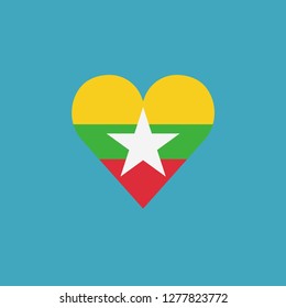 Myanmar flag icon in a heart shape in flat design. Independence day or National day holiday concept.