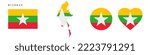 Myanmar flag icon set. Burma pennant in official colors and proportions. Rectangular, map-shaped, circle and heart-shaped. Flat vector illustration isolated on white.