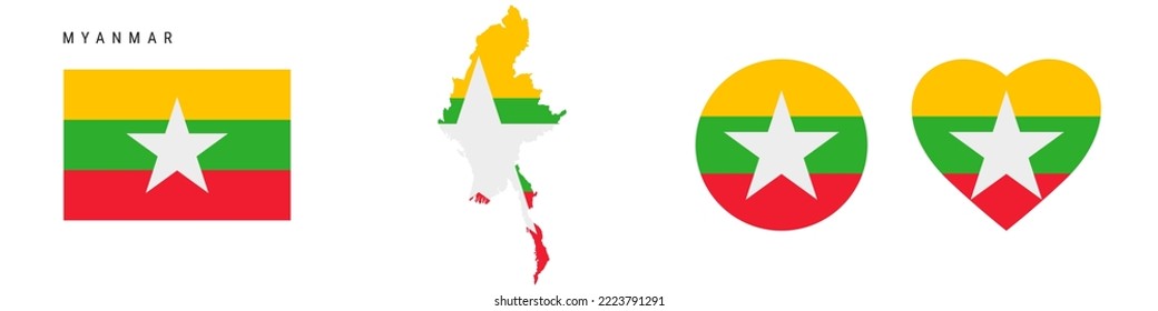 Myanmar flag icon set. Burma pennant in official colors and proportions. Rectangular, map-shaped, circle and heart-shaped. Flat vector illustration isolated on white.