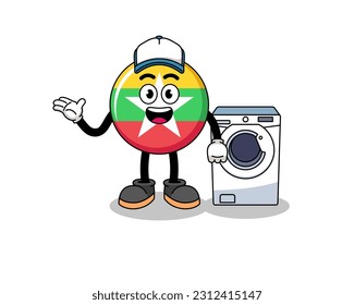 myanmar flag illustration as a laundry man , character design