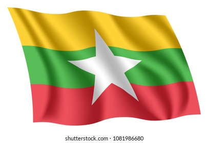 Myanmar flag. Isolated national flag of Burma. Waving flag of the Republic of the Union of Myanmar. Fluttering Myanma  textile flag.