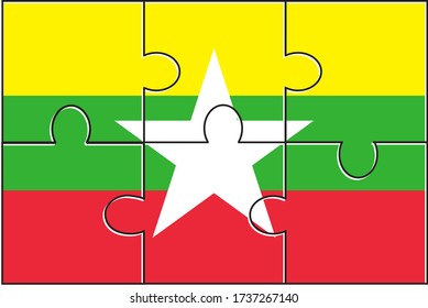 Myanmar Flag Jigsaw Puzzle. Vector illustration. 6 pieces of puzzles. Simple puzzles for kids.