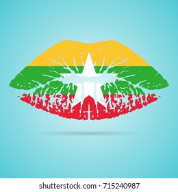 Myanmar Flag Lipstick On The Lips Isolated On A White Background. Vector Illustration. Kiss Mark In Official Colors And Proportions. Independence Day
