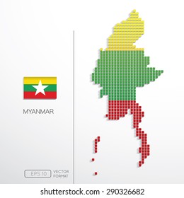 Myanmar flag and Myanmar map in block style  - Vector illustration
