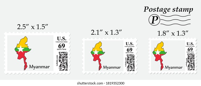 Myanmar flag map on postage stamp different size.