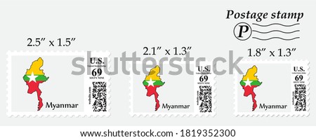 Myanmar flag map on postage stamp different size.
