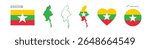 myanmar flag and map set. myanmar flag in official colors and proportions. independence day 4 january , map, circle and heart shaped myanmar