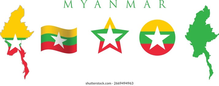 Bandera de Myanmar y conjunto de mapas. Bandera de Myanmar en colores y proporciones oficiales. Día de la independencia 4 de enero, mapa, círculo y estrella en forma de Myanmar.