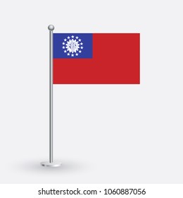 Myanmar flag. The national flag of Myanmar on a pole. The waving flag. The sign and symbol of the country. Realistic vector on white.
