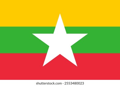 Myanmar flag in official colors, dimensions and aspect ratio. Vector flag symbolizing national pride, identity, heritage, patriotism and authority