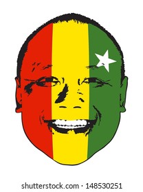 A Myanmar flag on a face, isolated against white. 