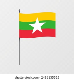 Bandera de Myanmar en asta de bandera. Ilustración vectorial.
