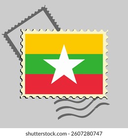 Myanmar flag postage stamp. Isolated vector illustration on grey post stamp background