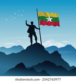 Myanmar Fahne auf einem Berggipfel mit klarem Himmel im Hintergrund, Vektorgrafik