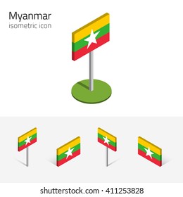 Myanmar flag (Republic of the Union of Myanmar), vector set of isometric flat icons, 3D style, different views. Editable design elements for banner, website, presentation, infographic, map. Eps 10