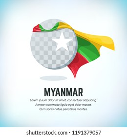 Myanmar flag. Round flying template with national color cloak. Can be used with logo or mascot. Use for sport or political symbol. Flag Day. Independence Day. National holiday. Travel icon. Vector.