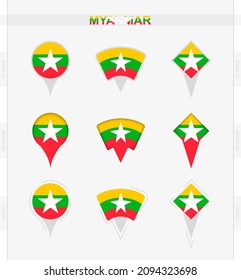 Bandera de Myanmar, conjunto de íconos de la ubicación de la bandera de Myanmar. Ilustración vectorial de los símbolos nacionales.