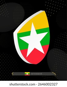 Myanmar Flag Shield icon in 3D on Dark Modern Abstract Rugby Background. Perfect for sports events, heritage themes, national celebrations, and patriotic designs.