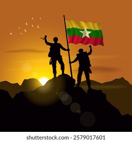 Myanmar flag, silhouette of two climbers holding flags at sunset