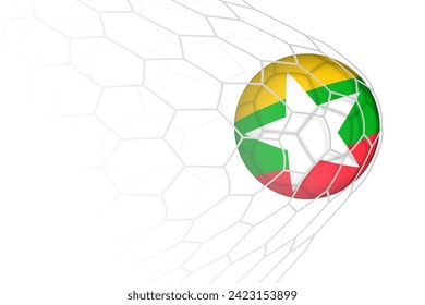 Myanmar flag soccer ball in net. Vector sport illustration.