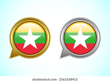 Myanmar flag speech bubble. Speaking flag icon in gold and silver color