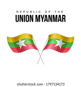 Símbolo del estado de la bandera de Myanmar aislado en un cartel nacional de fondo. Tarjeta de saludo Día de la Independencia Nacional de la República de la Unión de Myanmar. Cartel de ilustración con bandera de estado realista.