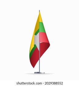 Myanmar flag state symbol isolated on background national banner. Greeting card National Independence Day of the Republic of the Union of Myanmar. Illustration banner with realistic state flag.