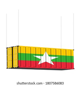 Myanmar flag symbol on cargo containers hang by chain, the concept import and export business of country.