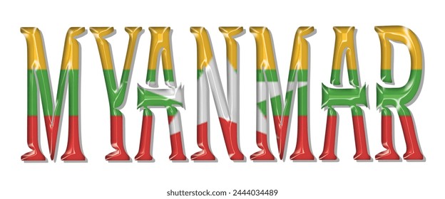 Myanmar flag text font, 3D Myanmar flag colorful background, Myanmar flag vector illustration