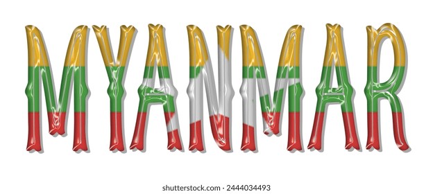 Fuente del texto de la bandera de Myanmar, fondo colorido de la bandera de Myanmar 3D, ilustración vectorial de la bandera de Myanmar