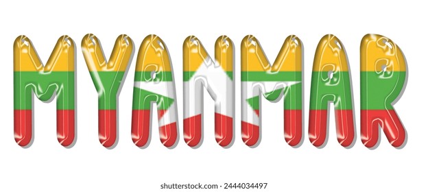 Schriftart für Myanmar-Flagge, 3D-Myanmar-Flagge farbiger Hintergrund, Myanmar-Flagge-Vektorillustration