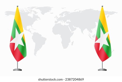  Myanmar and Myanmar flags for official meeting against background of world map.