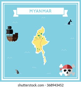 Myanmar flat treasure map. Colorful cartoon treasure map of Myanmar with flat icons of pirate ship, jolly roger, treasure chest and banner ribbon. Flat design vector illustration.