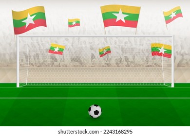 Myanmar football team fans with flags of Myanmar cheering on stadium, penalty kick concept in a soccer match. Sports vector illustration.