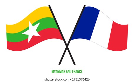 Myanmar and France Flags Crossed And Waving Flat Style. Official Proportion. Correct Colors.