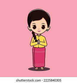 Myanmar girl greeting vector illustration 03