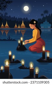 Myanmar girl lighting candles Thadingyut full moon