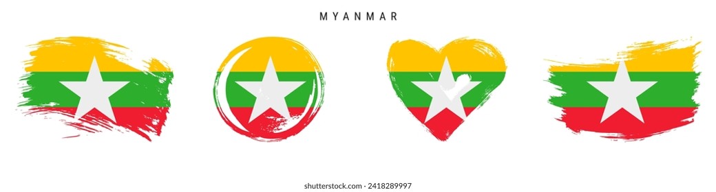 Myanmar hand drawn grunge style flag icon set. Burma banner in official colors. Free brush stroke shape, circle and heart-shaped. Flat vector illustration isolated on white.