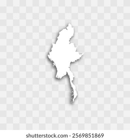 Myanmar high detailed vector representation of country silhouette. White color on transparent background with dropped shadow. For educational, decorative, or informational use.