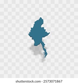 Myanmar high detailed vector representation of country silhouette. 3D map on transparent background with dropped shadow. For educational, decorative, or informational use.