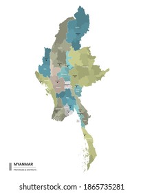 Myanmar higt detailed map with subdivisions. Administrative map of Myanmar with districts and cities name, colored by states and administrative districts. Vector illustration.