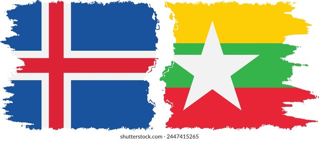 Myanmar and Iceland grunge flags connection, vector