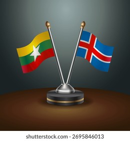 Tabellenflaggen aus Myanmar und Island mit Farbverlauf-Hintergrund. Vektorgrafik