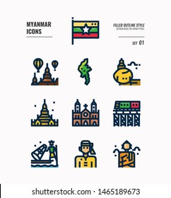 Myanmar icon set 1. Include flag, landmark, people, culture and more. Filled Outline icons Design. vector