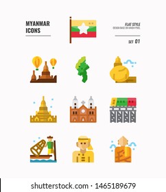 Myanmar icon set 1. Include flag, landmark, people, culture and more. Flat icons Design. vector