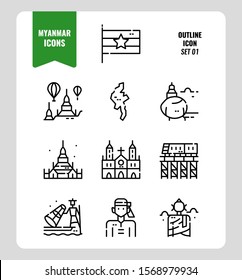 Myanmar icon set 1. Include flag, landmark, people, culture and more. Outline icons Design. vector