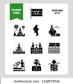 Myanmar icon set 1. Include flag, landmark, people, culture and more. Glyph icons Design. vector