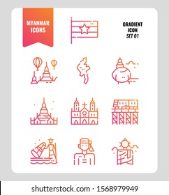 Myanmar icon set 1. Include flag, landmark, people, culture and more. Gradient icons Design. vector